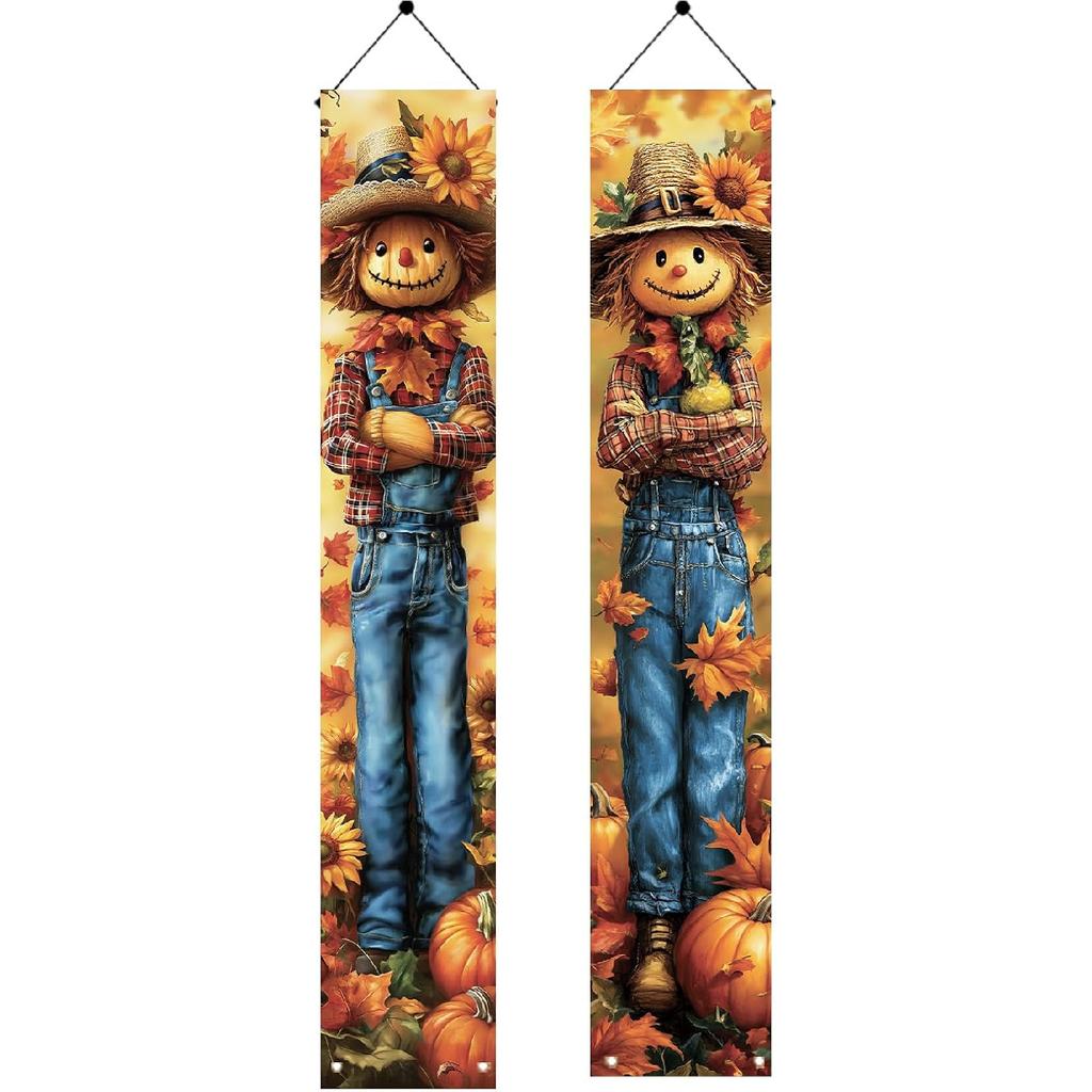 2PCS Fall Porch Sign Scarecrow Porch Banner Autumn Harvest Door Decoration Thanksgiving Front Door Decor Rustic Farmhouse Vertical Outdoor Hanging
