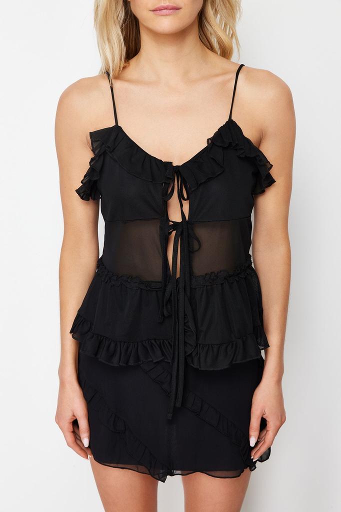 Women's Fashion New Blouse Black Tulle Tie Detailed Strap Stretchy Knitted Blouse