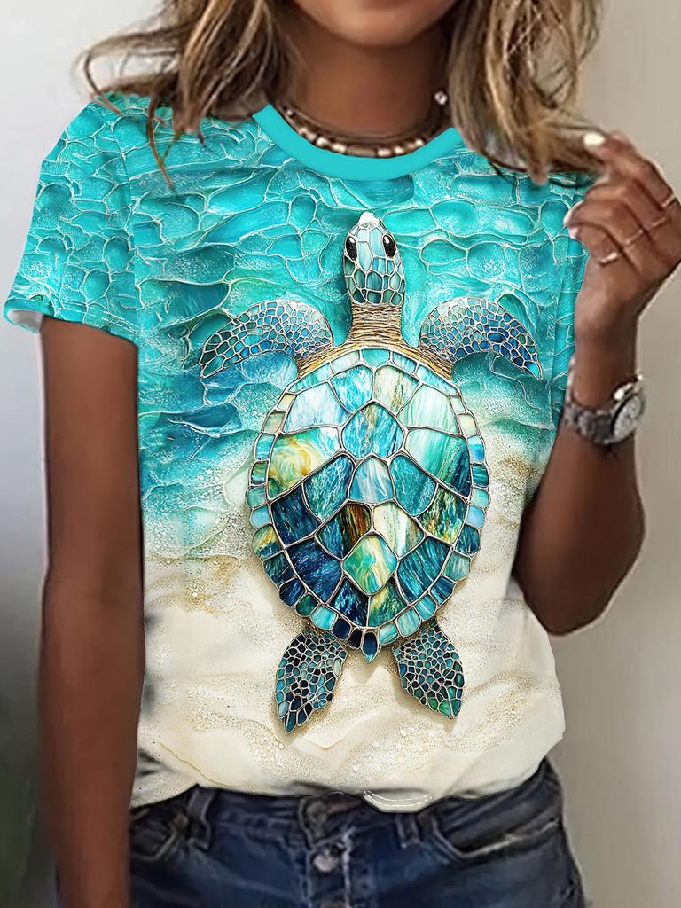 Women's Casual Short Sleeve T-Shirt with Vivid Turtle Mosaic Art Print - Turquoise and Gold Summer Top, Crew Neck, Machine Washable