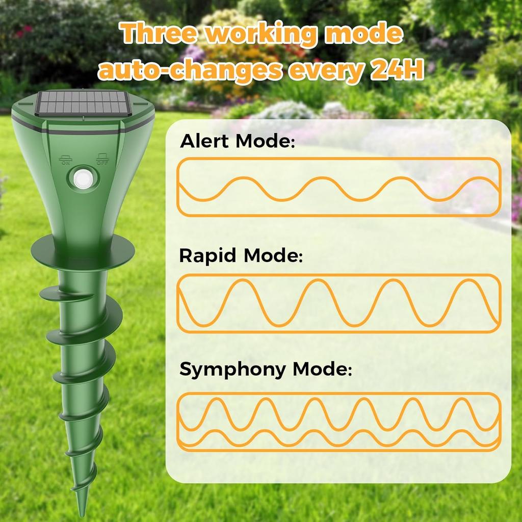 Отпугиватель кротов на солнечных батареях, обновление 2024 года, водонепроницаемый отпугиватель сусликов, полевок для газона, сада, двора, отпугиватель крыс, белок, скунсов, кротов, 4 шт. в упаковке