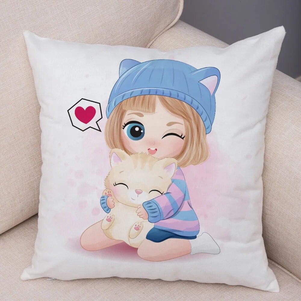 Children's Room Sofa Home Pillowcase Cute Cartoon Girl and Cat  Decoration  Animal Cushion Cover
