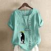 Women's New Fashion Linen Shirt Round Neck Short Sleeve Penguin Printed T-shirt Summer Ladies Casual Plus Size Blouse Tops