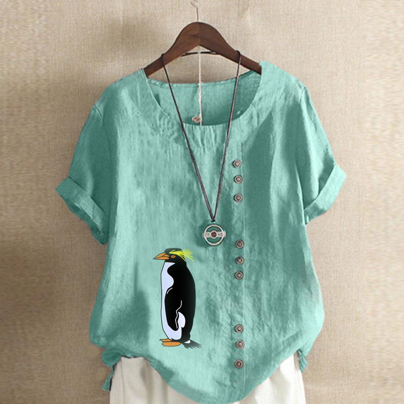 Women's New Fashion Linen Shirt Round Neck Short Sleeve Penguin Printed T-shirt Summer Ladies Casual Plus Size Blouse Tops