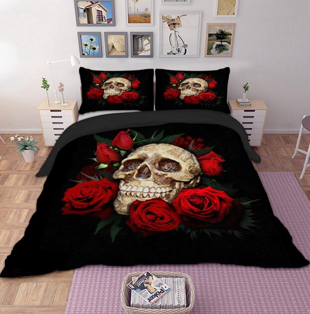 Комплект постельного белья с 3D черепом, мультяшный акварельный цветок розы, пододеяльник с черепом, наволочка, размер queen, белый комплект покрывала