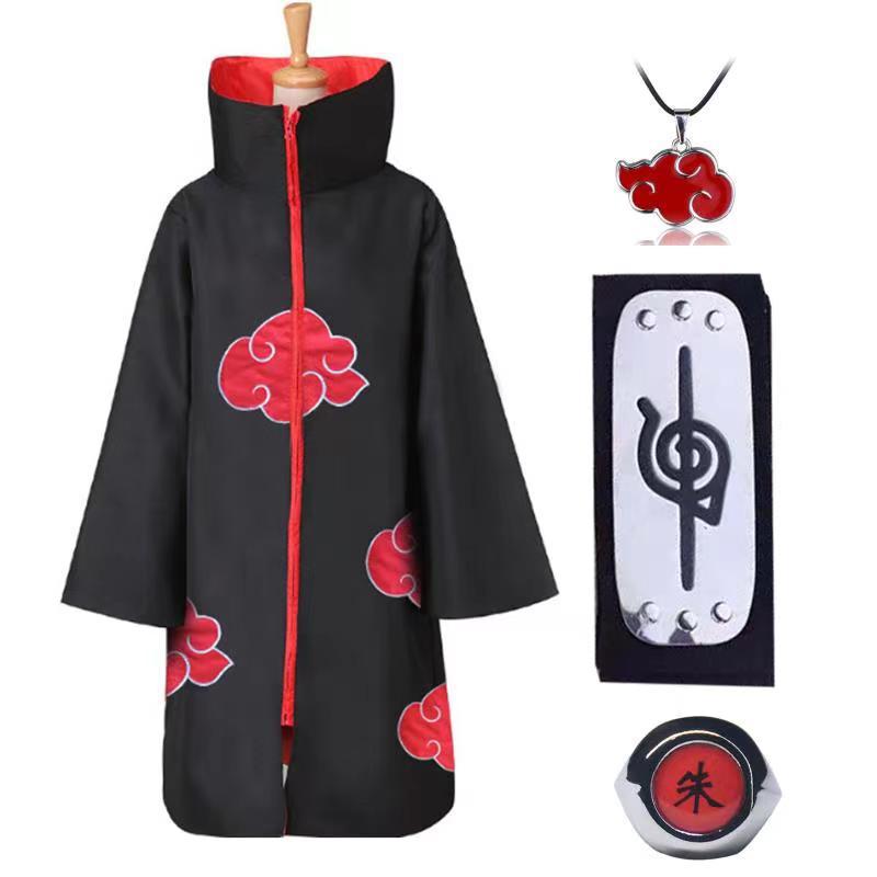4pcs Anime Naruto Akatsuki Uchiha Itachi Cosplay Costume Cloak Robe Ninja Cloak Set Ring Headband Halloween