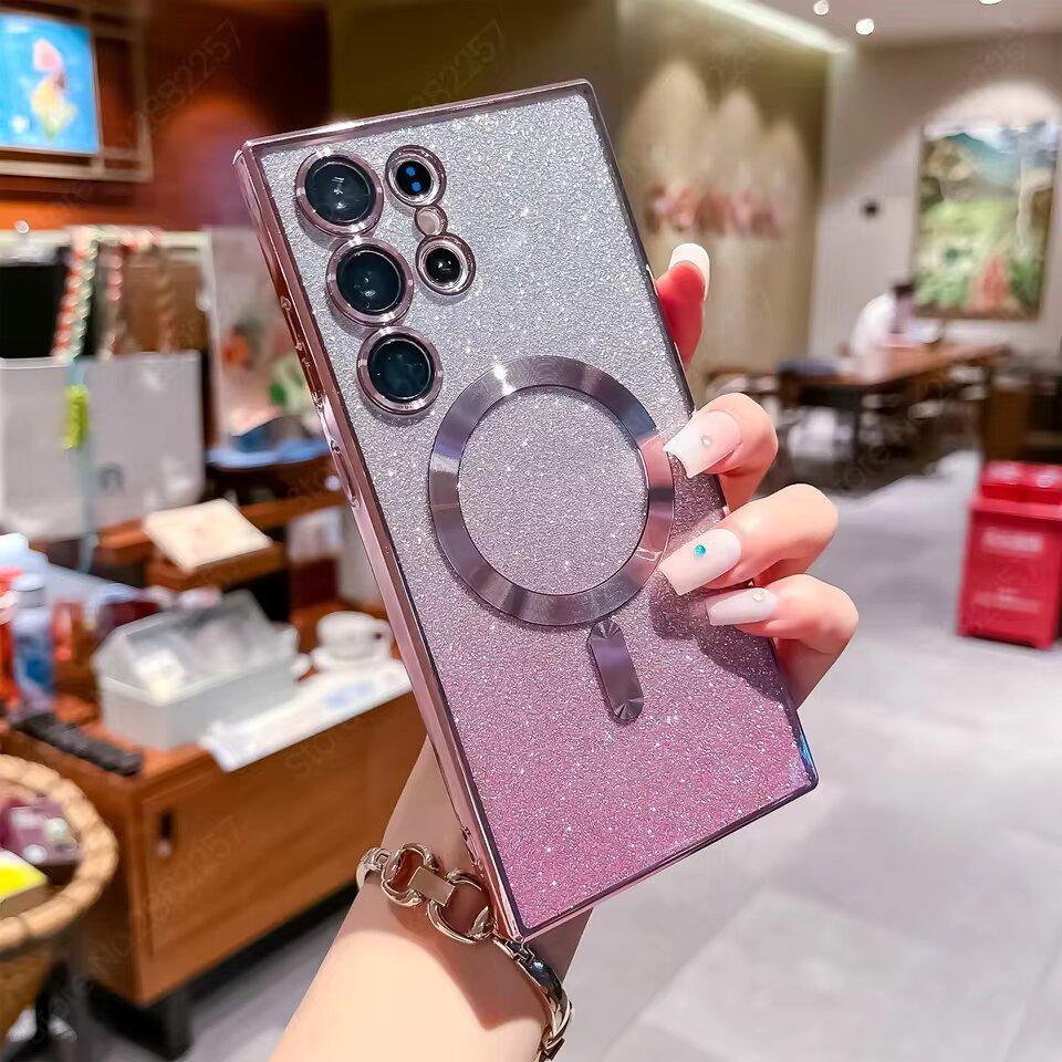 Роскошное покрытие с блестками для магнитного чехла Magsafe для телефона Samsung Galaxy S25 S24 S23 S22 S21 Ultra, мягкий чехол с беспроводной зарядкой
