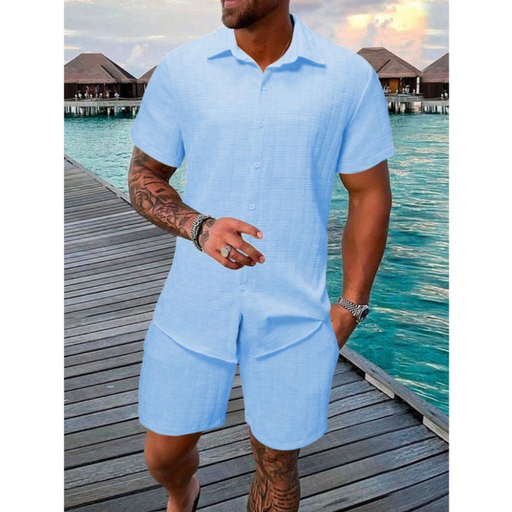 Мужской легкий летний пляжный комплект: Повседневная рубашка с коротким рукавом на пуговицах и шорты на резинке - Смесь полиэфирного волокна, Пляжная повседневная одежда