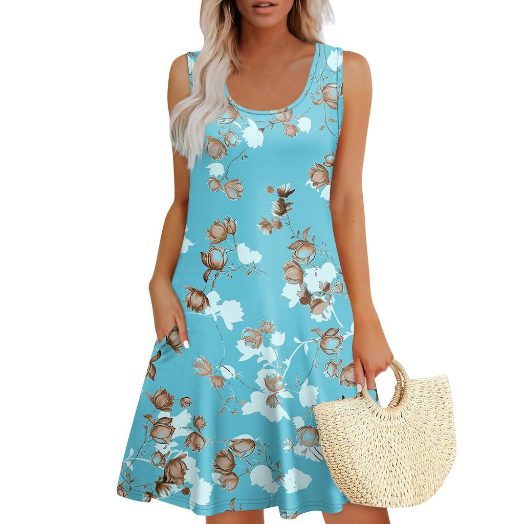Women's Summer Casual U-shaped Tie Pocket Popular Floral Print Dress