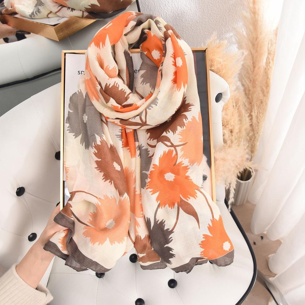Шарф из искусственного хлопка и льна для женщин, модный весенне-летний, тонкий, пасторальный, с цветочным принтом, шелковый шарф, высококачественная шаль для темперамента
