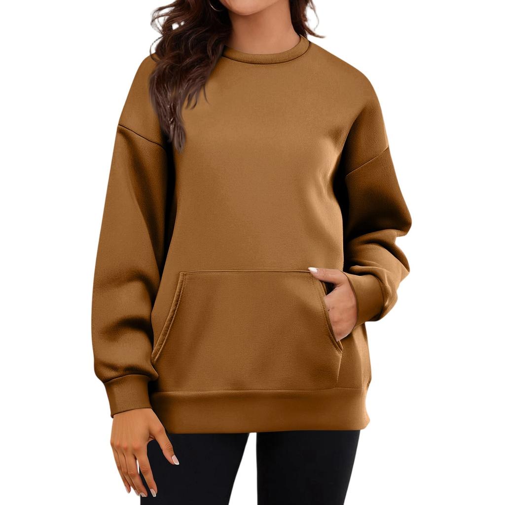 Women's Casual Fashion Long Sleeve Solid Color Round Neck Sweatshirt Top With Pockets