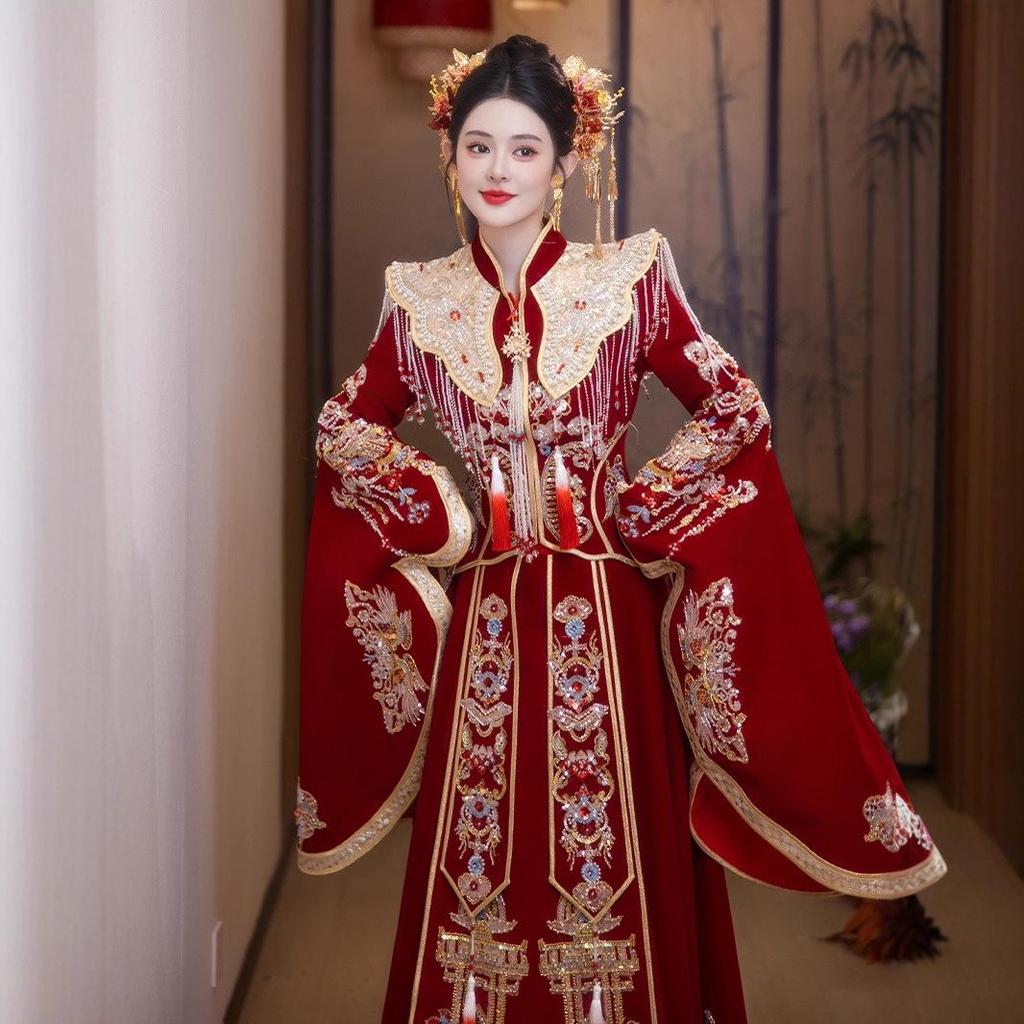 2025 Plus Size Xiuhe Dress with Phoenix Crown & Xiapei - Chinese Wedding Toasting Gown