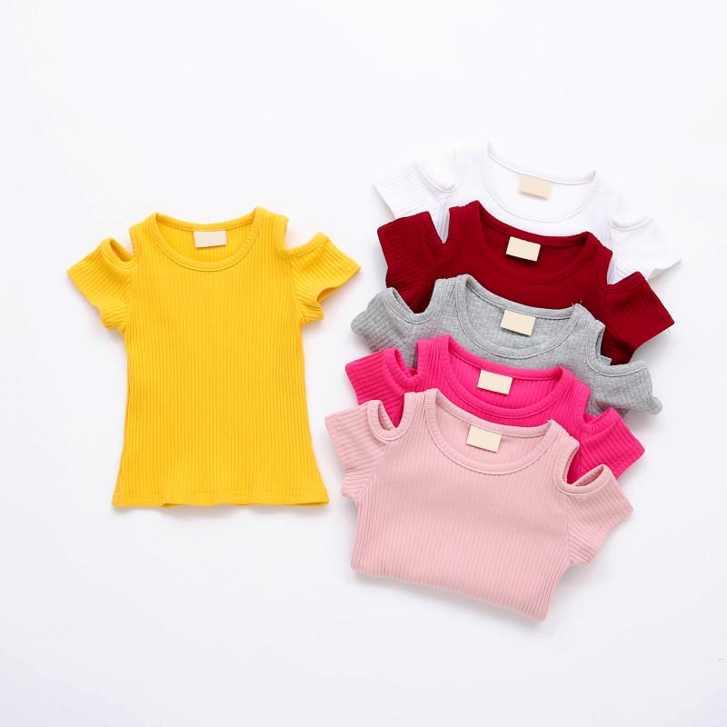 Summer Baby Girls Candy Color Screw Thread T-shirt Off-shoulder Cotton Tops