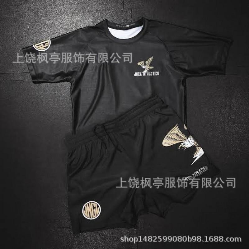Mens Wrestling Sport Short Sleeve T-Shirt Shorts Set Training Youth Athletic Wear