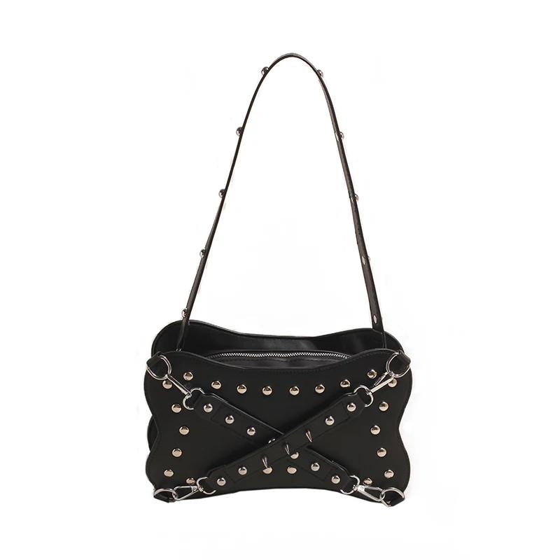 Твердые сумки через плечо на молнии, универсальные новые модные брендовые сумки с заклепками для женщин, популярные роскошные дизайнерские женские сумки
