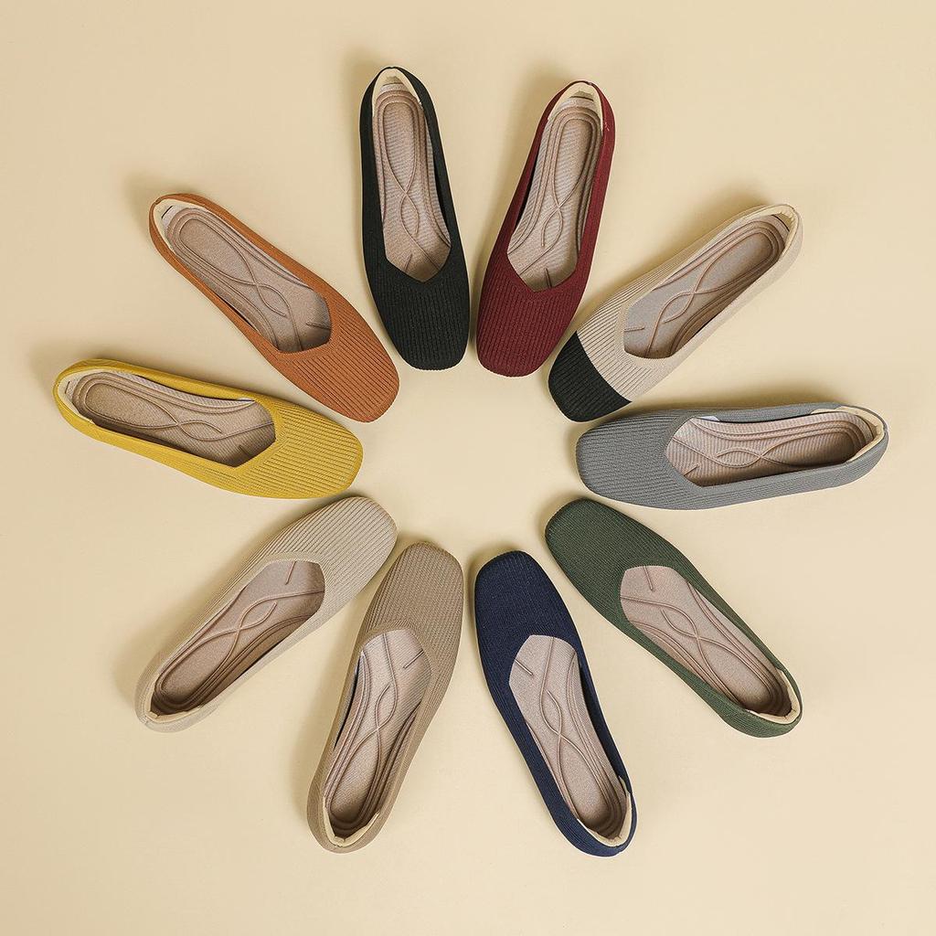 Квадратный носок, неглубокий вырез, ткань, плоская подошва, однотонный трикотаж, мягкая подошва, большой размер 34-43