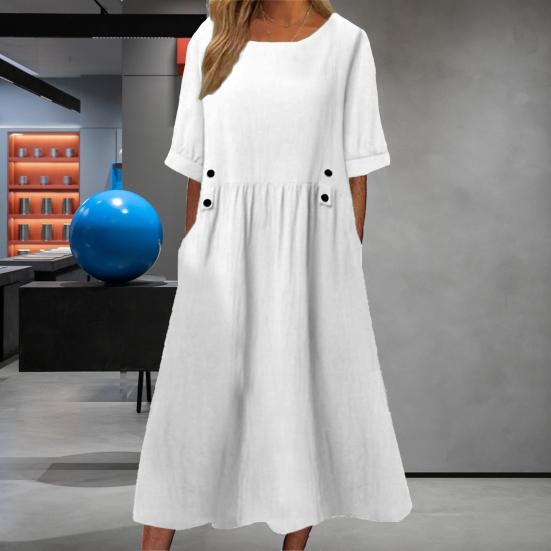 Женское платье свободного покроя средней длины с двойными карманами, украшение на пуговицах, круглый вырез, короткий рукав, летнее платье в стиле бохо, рабочая одежда