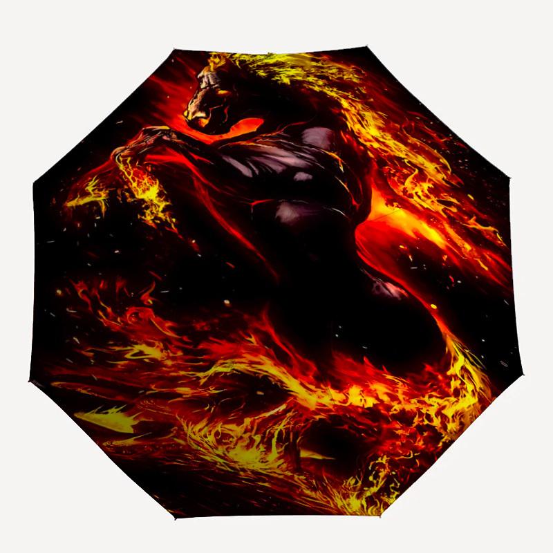 1pc Flaming Horse Fire Art Automatic Open/Close Umbrella 8-Rib Strong Frame, Portable Travel Umbrella for Women & Men, Birthday Gift Parties 056