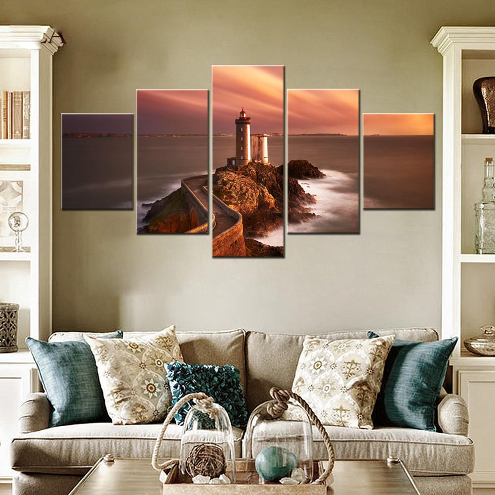 5 Pieces Landscape Canvas Poster Paitning Nature Lighthouse Rocky cliff Wallpaper Home Decor Picture Printing Living Room Mural