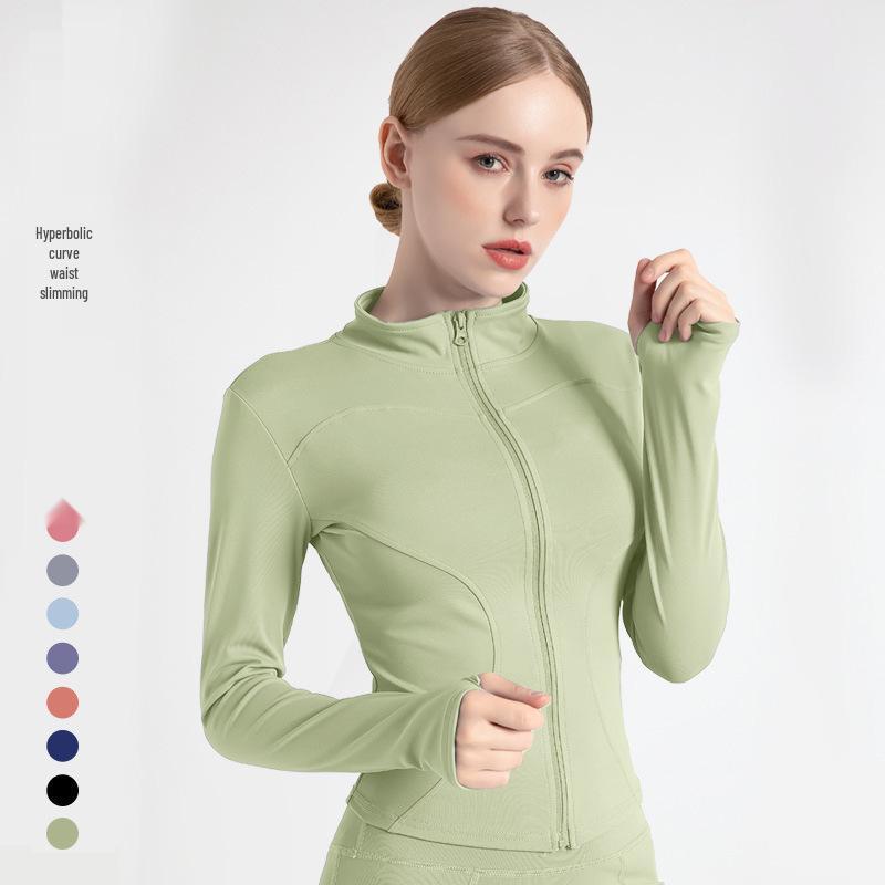 Персиковая фитнес-куртка: Быстросохнущий спортивный топ с длинным рукавом и молнией, со стойкой воротником, для йоги весной и осенью