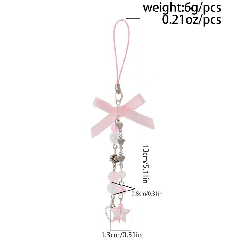 Fashion Sweet Y2K Girls Ribbon Bow Beaded Keychain Alloy Love Heart Star Rabbit Strawberry Pendant Pearls Glass Beads Chains Jewelry Accessories