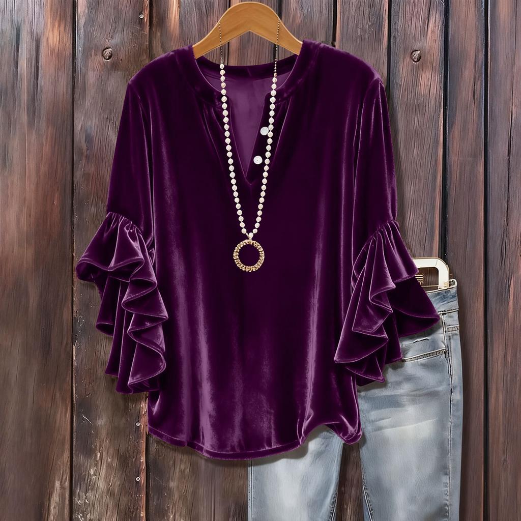 Женский модный однотонный пуловер с V-образным вырезом, рукавом три четверти, на пуговицах, универсальный, свободный, с расклешенным рукавом из золотого бархата