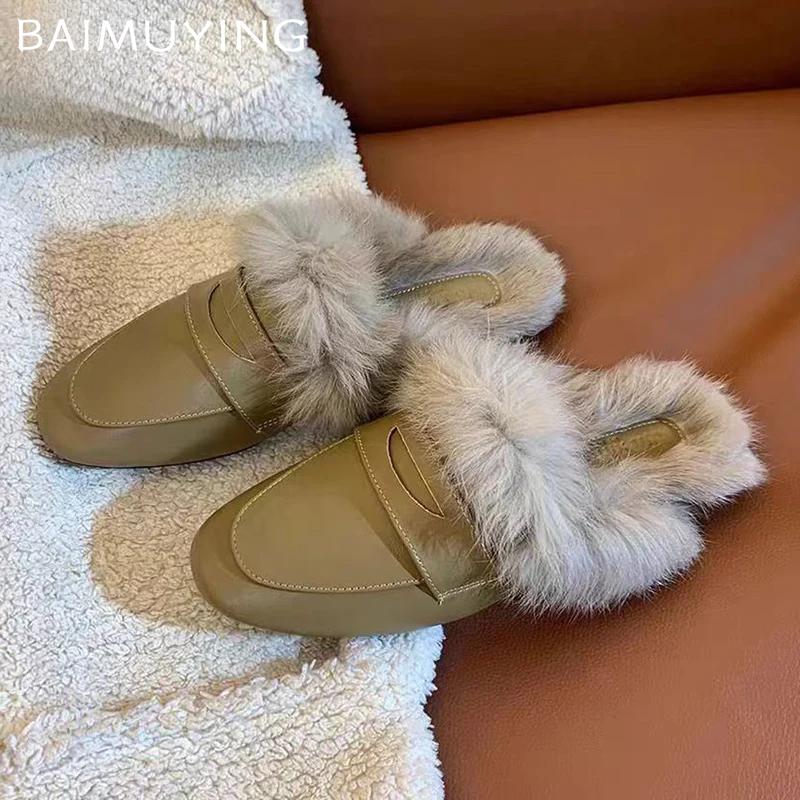 Меховые женские тапочки на плоской подошве Мюли Кожаная обувь Женские 2024 Тенденция Зима Теплая Модная Короткая Мягкая Хлопковая Обувь Ботинки Слингбэк Сноу Ботас
