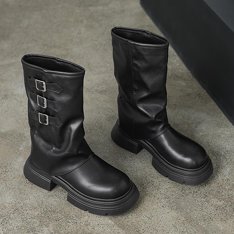 Новые женские сапоги Высокое качество Модные с круглым носком Однотонные с пряжкой На среднем каблуке Сапоги-чулки женские высокие сапоги