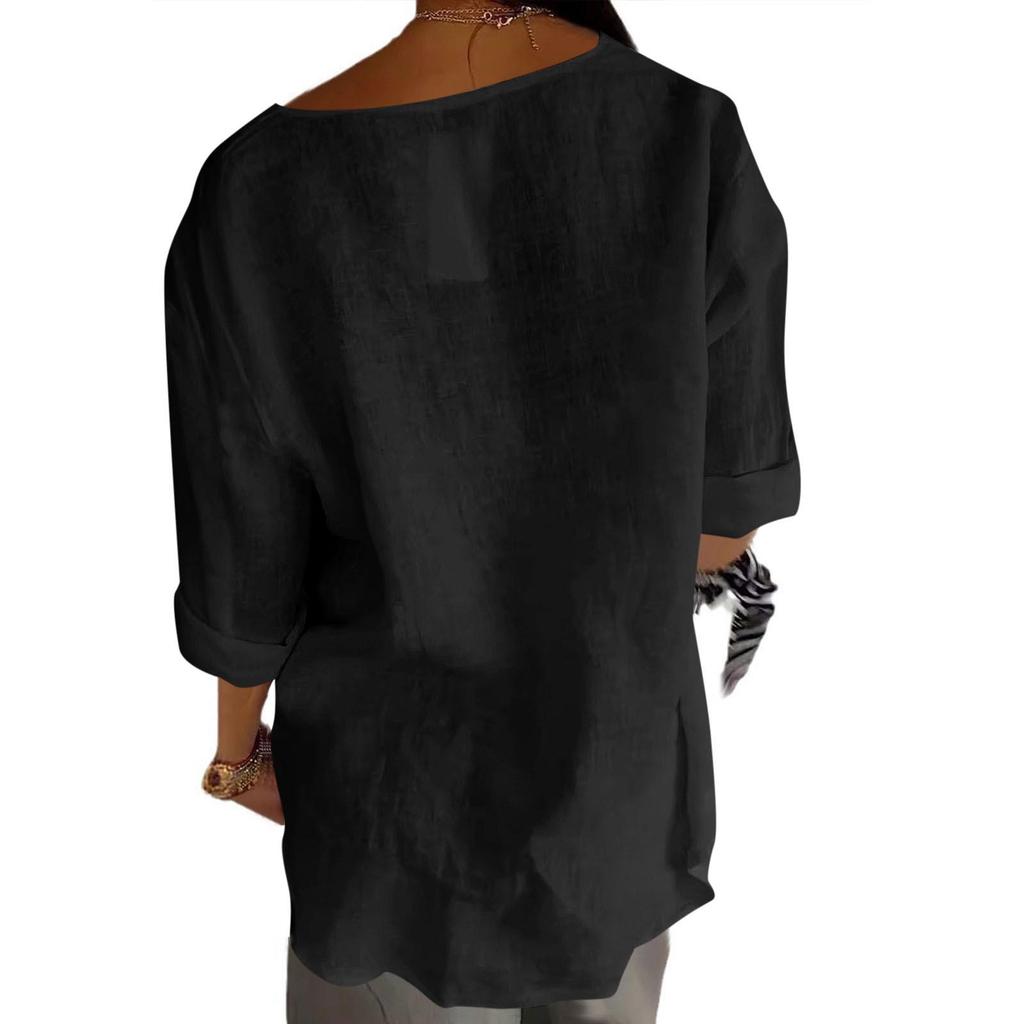 Женская летняя футболка с V-образным вырезом из хлопка и льна на пуговицах, 2025 год.: Loose Fit