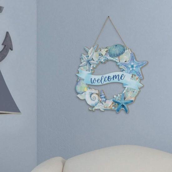 Door Sign Watercolor Starfish Seashells Design Wooden Beach Decor with Hanging Rope Waterproof Outdoor Indoor Seaside Entrance Sign Home Accent