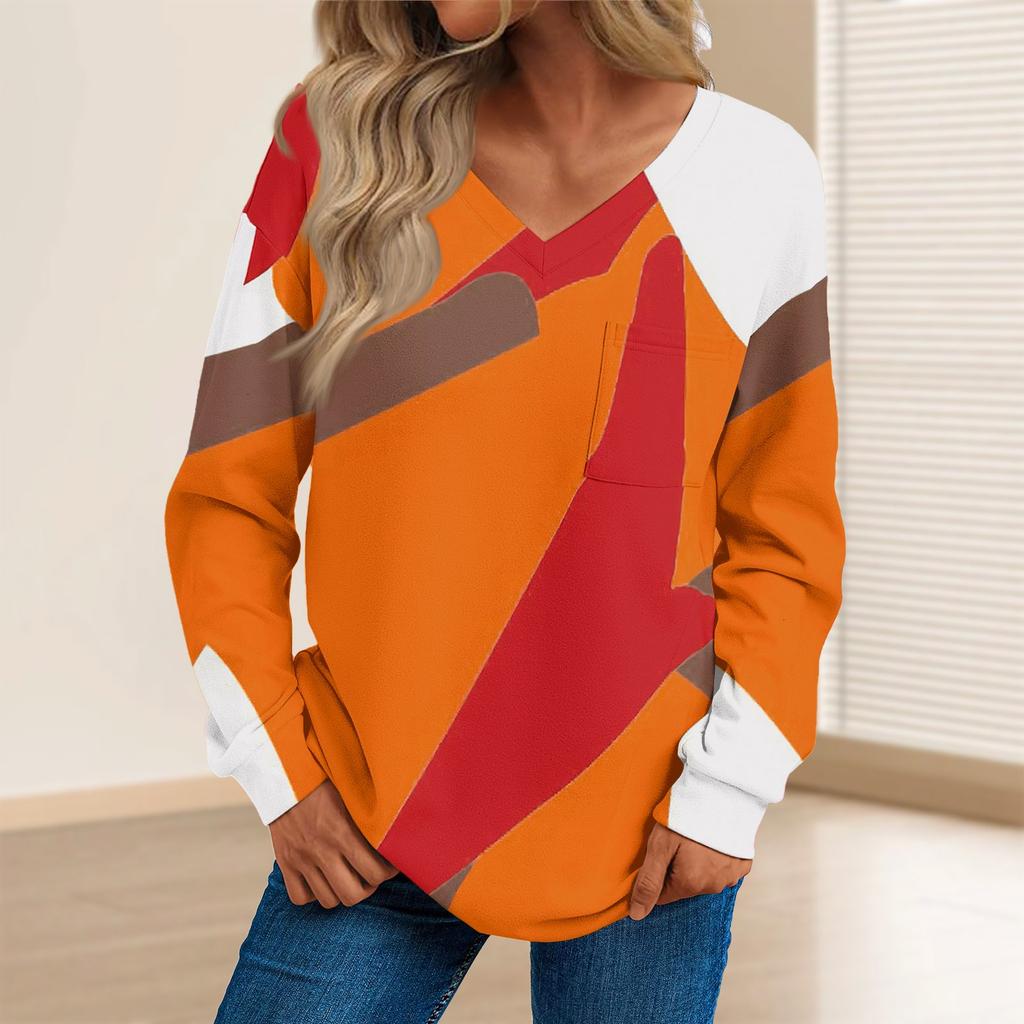 Женская мода повседневный свитер с длинным рукавом и принтом V-образным вырезом