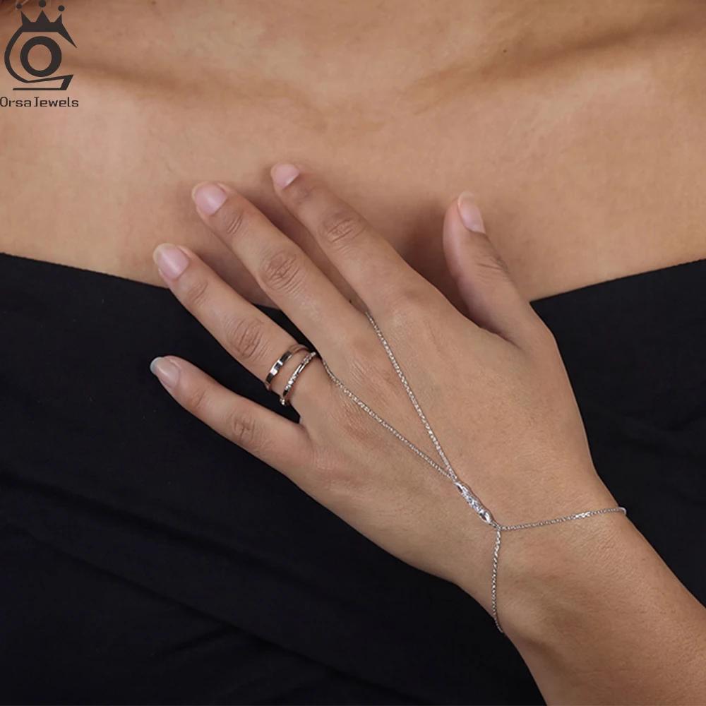 ORSA JEWELS Fashion 925 Sterling Silver 5A Zircon Finger Bracelet for Women Simple Shiny CZ Long Y Chain Bracelet Jewelry APV03