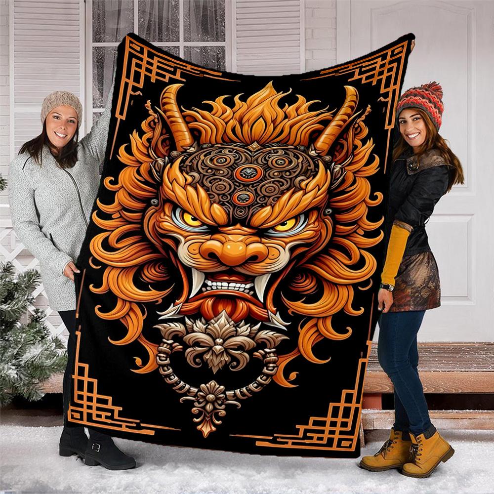 1pc Dragon Mask Design Outdoor Flannel Blanket Soft All Season Polyester Throw , Perfect for Picnics & Travel , Picnic Accessory
