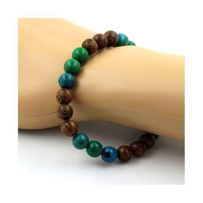 Stones and Minerals. Bracelet Wood Beads + Chrysocolla 8 Mm. Made In France.