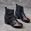 Johnature Ethnic Style Winter Warm Short Boots Genuine Leather Thick Heel Soft Sole Retro Printed Women's Shoes