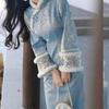 Зимнее Ципао Blue Lady 2026: Платье с бархатным плюшевым воротником и широкими рукавами