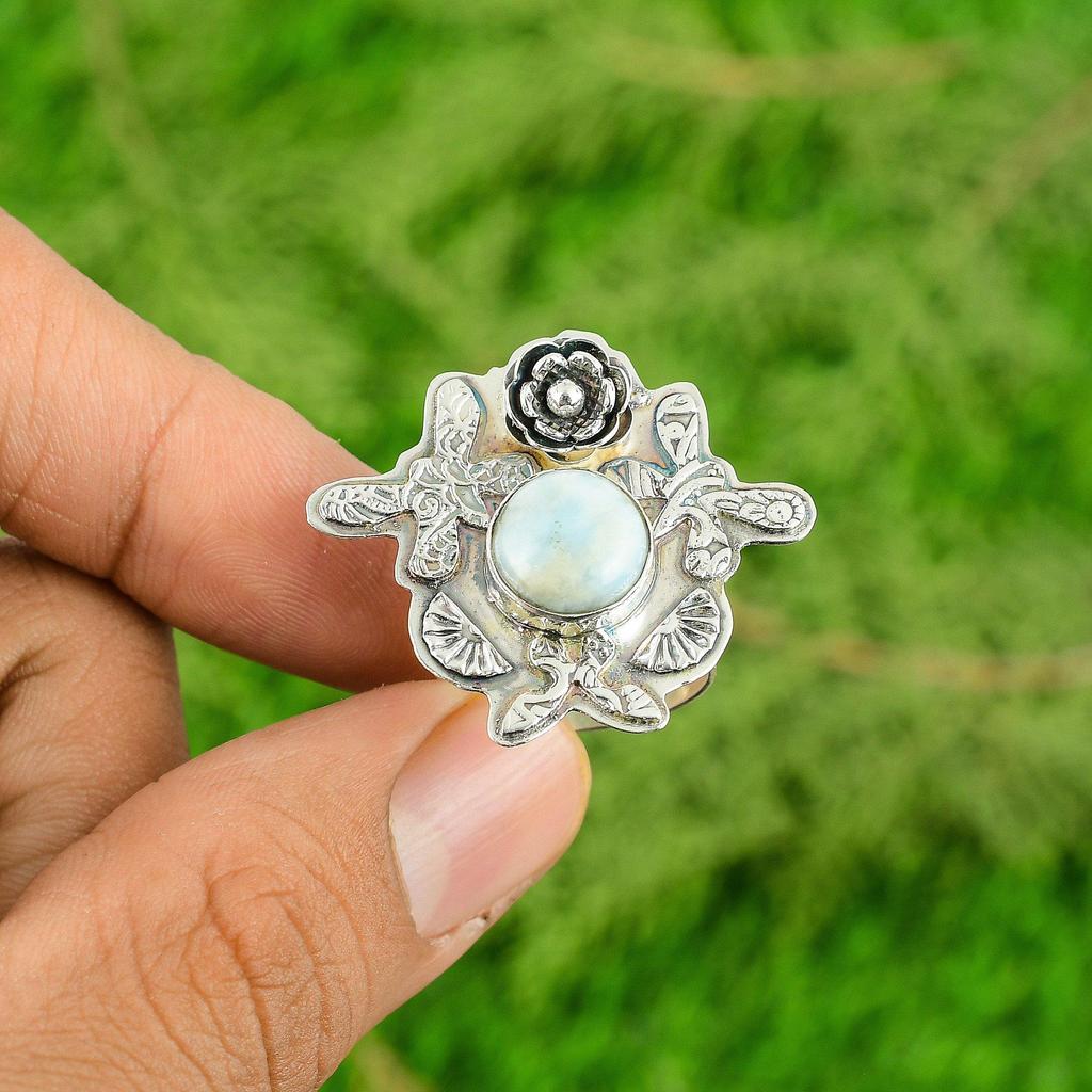 Round Larimar Stone Sterling Silver Promise Anniversary Flower Statement Ring