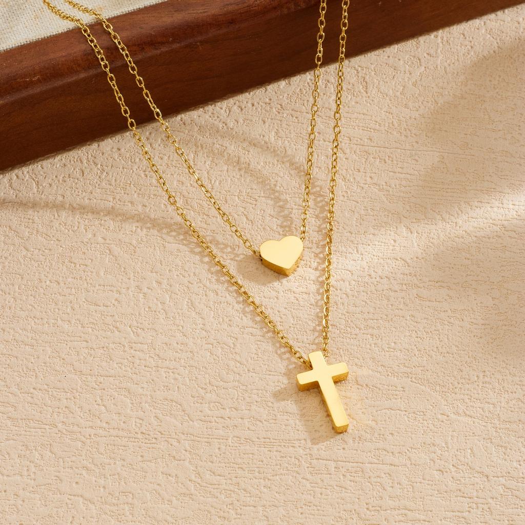 316L Stainless Steel Double Layer Cross Heart Pendant Collarbone Necklaces For Women Creative Fashion New Jewelry Party Gift