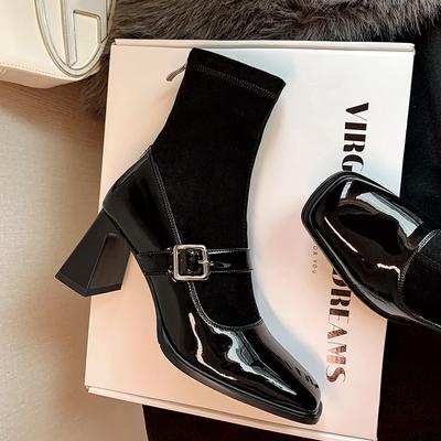 Туфли Мэри Джейн на массивной подошве Весна Новые Квадратный носок Легкий вырез Яркая кожа Кристальная пряжка Ремешок на подъеме Нескользящие каблуки