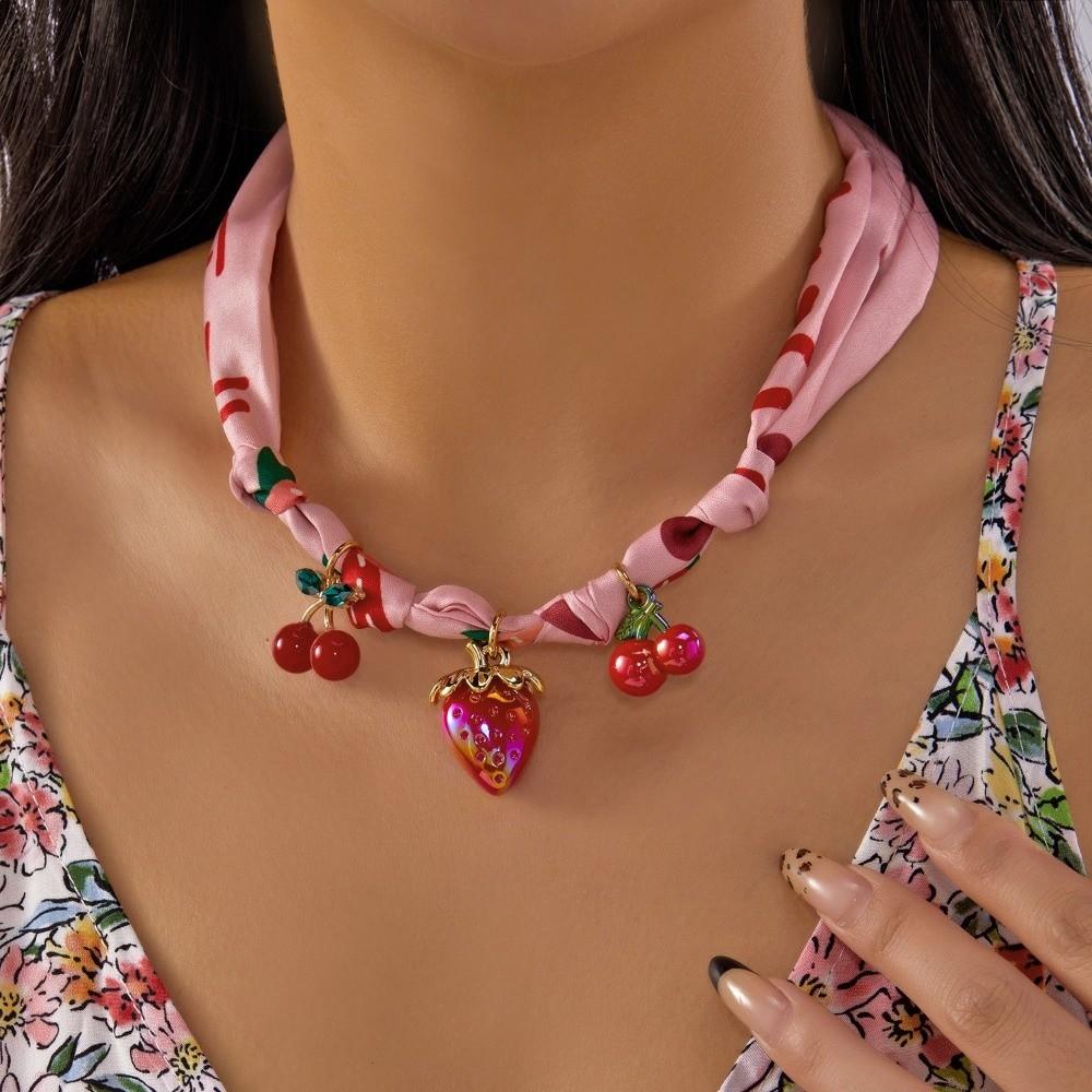 Adjustable Bohemian Scarf Necklace Vintage Neck Chain Sweet Cherry Strawberry Choker Casual Wear