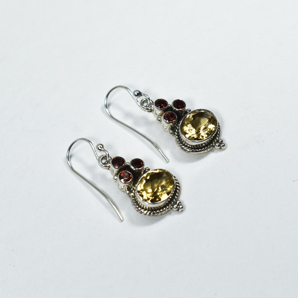 Handmade Gemstone Jewelry 925 Sterling Silver Garnet & Citrine Earrings Dangle Earrings