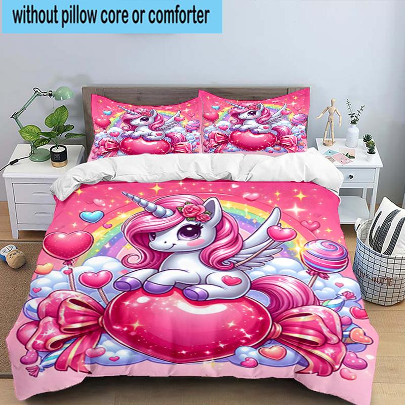 Rainbow Unicorns Garden 3pcs Bedding,Including 1pc Duvet Cover And 2pcs Pillowcases Perfect for Christmas,Ideal for Bedroom, Dormitory