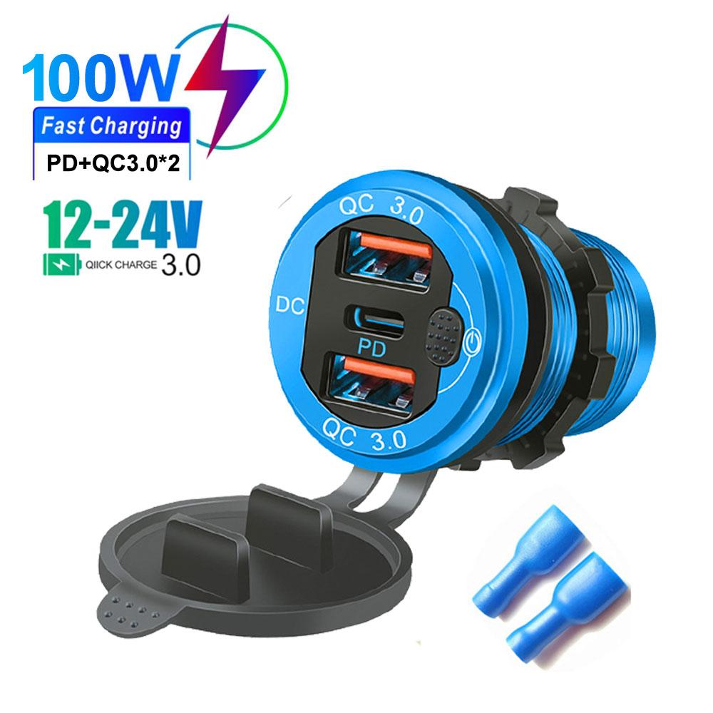 12 В/24 В USB Type-C Несколько автомобильных зарядных гнезд PD3.0 и порты QC3.0 Водонепроницаемый с сенсорным переключателем Быстрая зарядка Автомобильный мото-адаптер