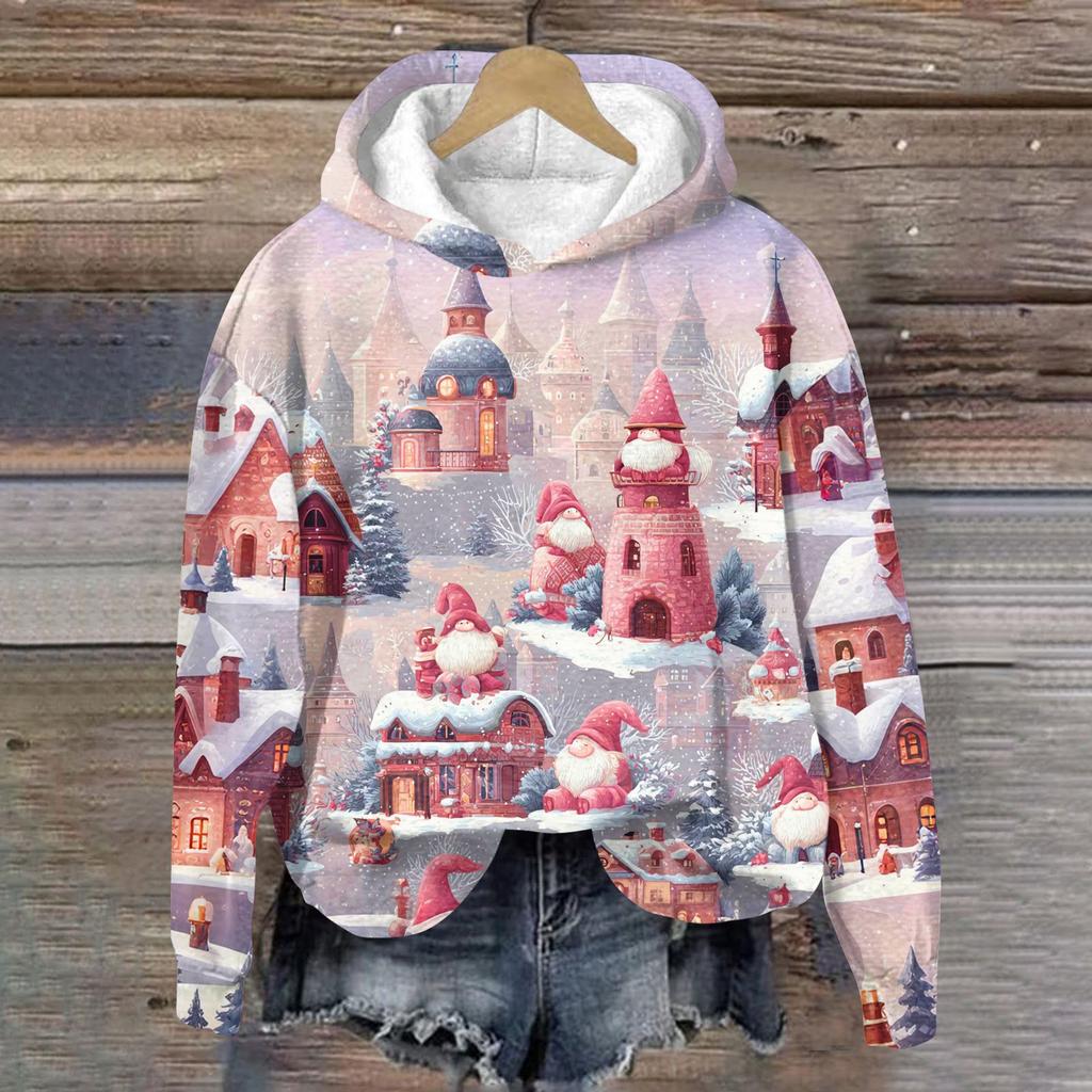 Women's Fashion Long Sleeve Christmas Print Loose Hooded Sweatshirt Top
