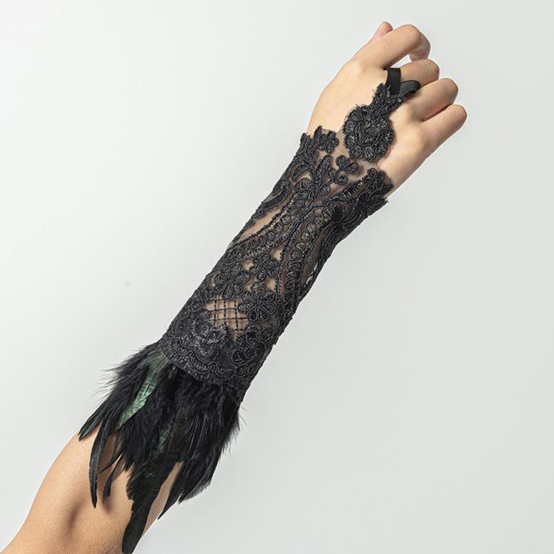Женские кружевные перчатки без пальцев с перьями, длинные, браслет, готическая сетка, манжета, аксессуары для свадьбы, Хэллоуина