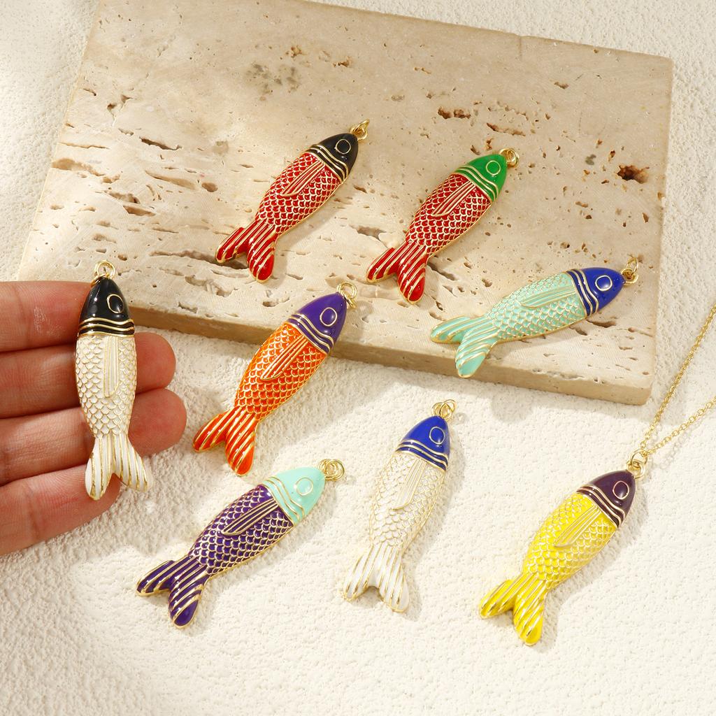 Doreen Box 1 PC Brass Fish Pendants 18K Gold Plated Enamel Fish Animal Ocean Jewelry Charms for Necklace Findings 5.6cm x 1.5cm