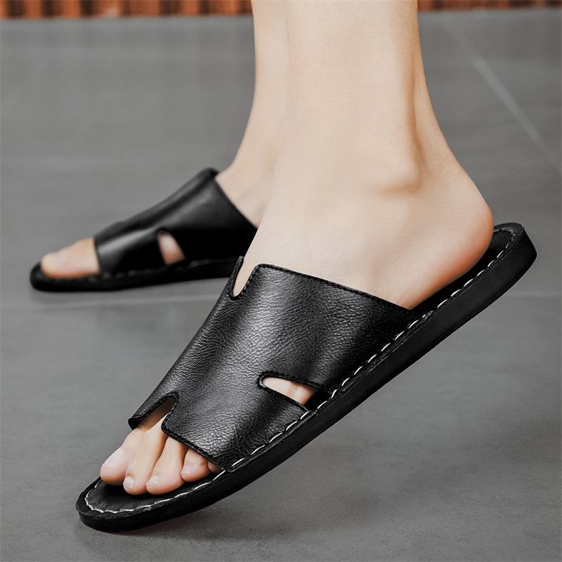 Men Slippers Handmade Simple Flats Sandals Outdoor Summer Brown Black Slide Slippers Open Toe Beach Shoes Plus Size