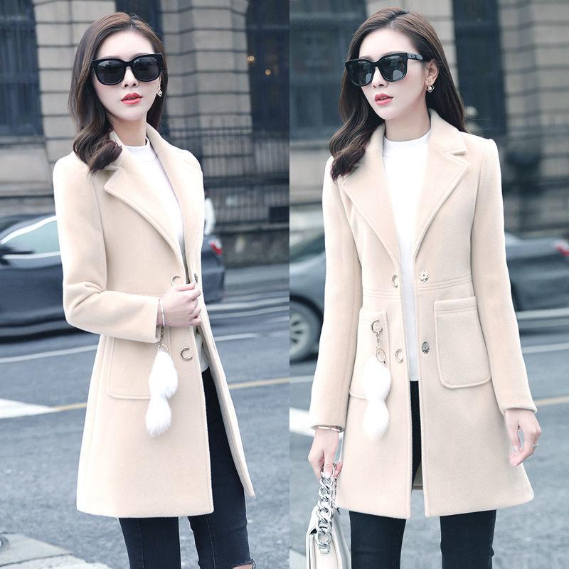 Spring/Autumn/Winter Slim Woolen Coat V-neck Solid Color Long Coat Large Size Casual Warm Windbreaker Temperament Top with Pendant