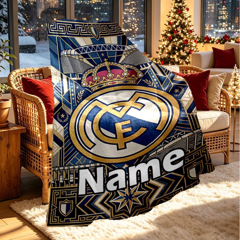 Custom Name Personalized Real Madrid Football Print Blanket, Home Decor, Bedroom, Sofa, Camping, Couch, Gifts for Birthday Christmas