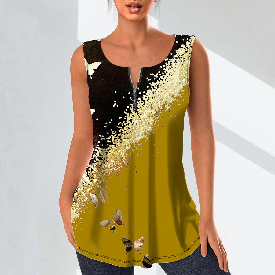 Женская мода, рубашки с v-образным вырезом, повседневные топы, футболка, женский жилет с 3D принтом золотой бабочки, блузка без рукавов больших размеров, топы на бретелях