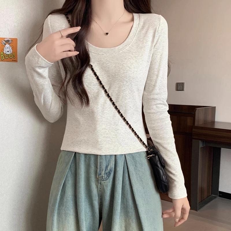 Футболка из чистого хлопка, женская, осень-зима, новый U-образный воротник, правое плечо, облегающий крой, стиль pure lust, базовый топ с длинными рукавами